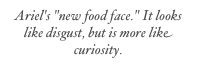 Ariel's "new food face." It looks like disgust, but is more like curiosity.