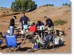 John Hinrichs, Yann Ropars, Puneet Pasrich, Penelope Bartell, Raphael Bingert (standing), and Ludo Malot (sitting) at camp